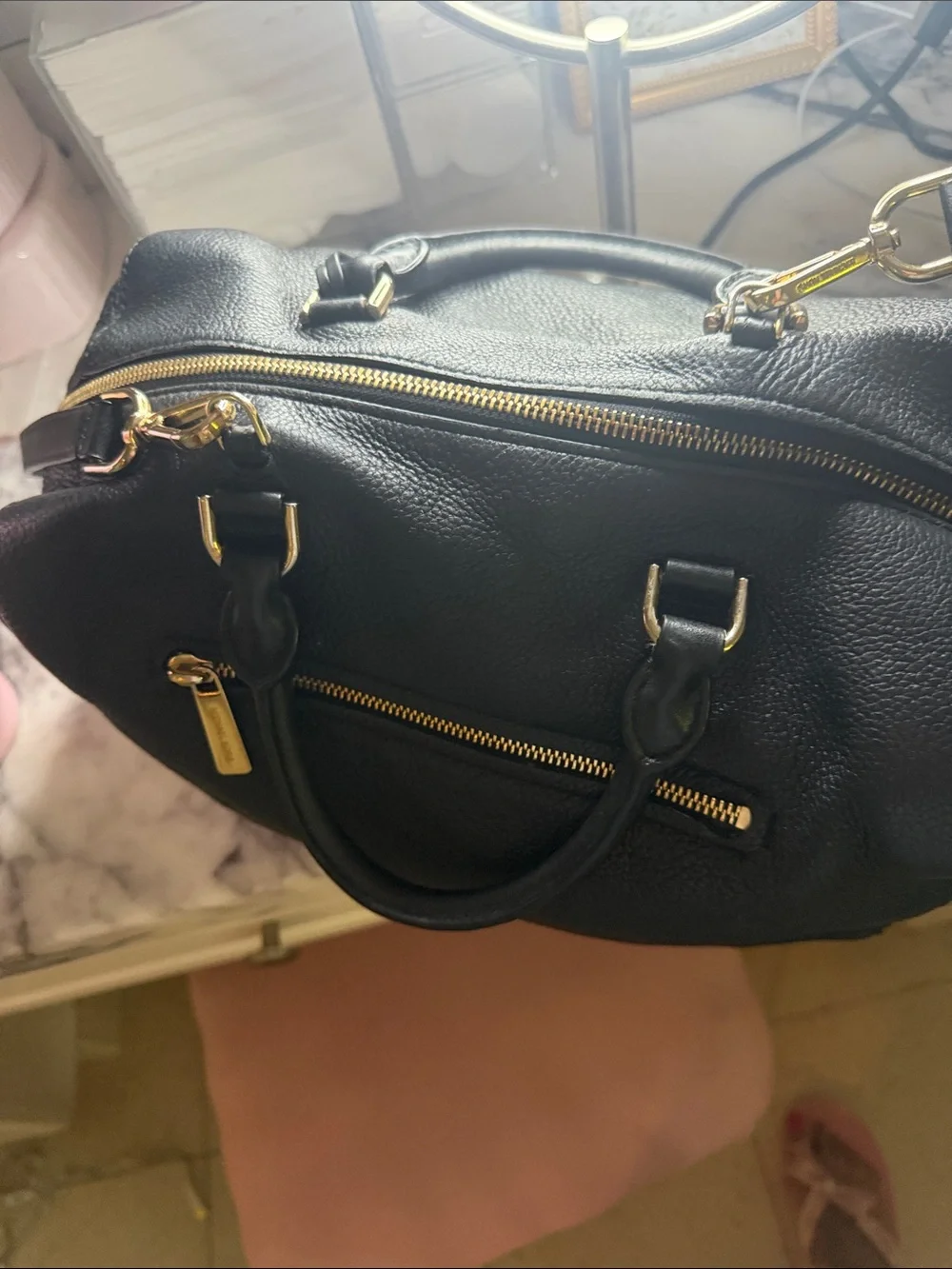 Michael Kors Black Pebbled Leather Double-Handle Satchel with Shoulder Strap
